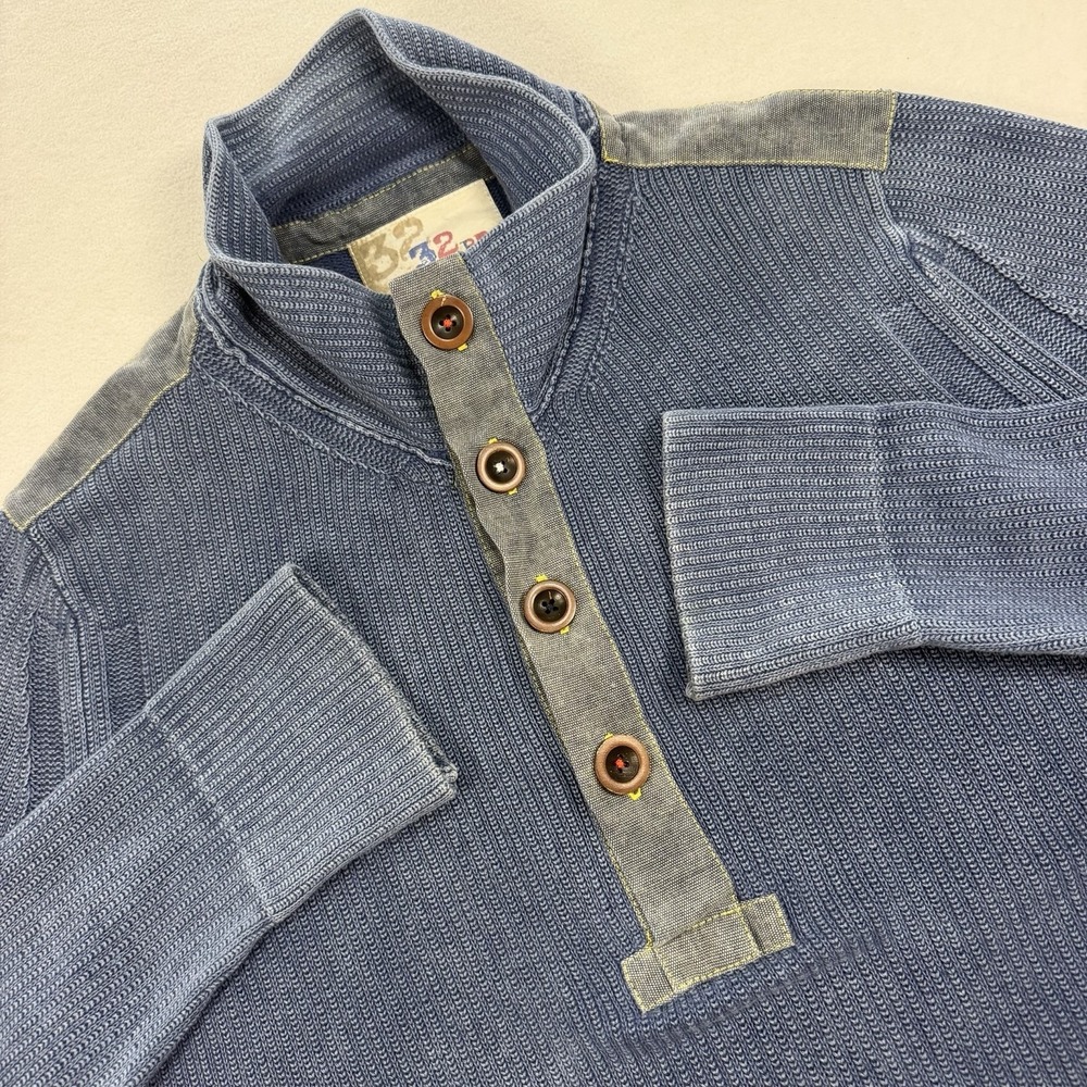 32 Bar Blues Henley Sweater Mens Medium Blue‎ 4 Button Cable Knit Long Sleeve